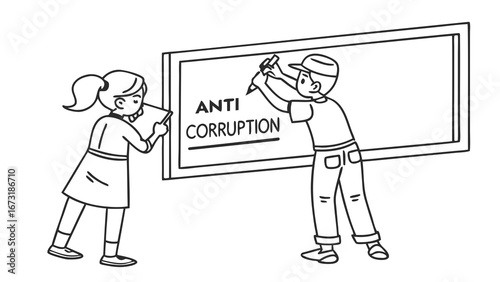 Youth writing 'Anti Corruption' on board. Education & activism against societal issues. Line art illustration.