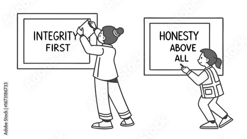 Upholding Integrity First and Honesty Above All. Line art illustration of people promoting core ethical values.