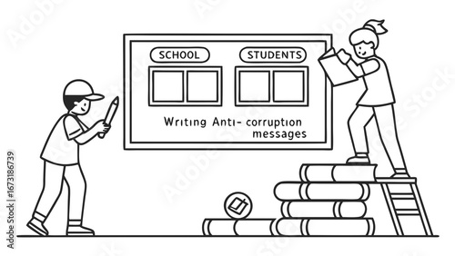 Kids writing anti-corruption messages on school board, promoting integrity and ethical education. Line art illustration.