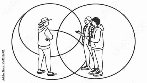 Social Dynamics: Three People & Overlapping Venn Diagram