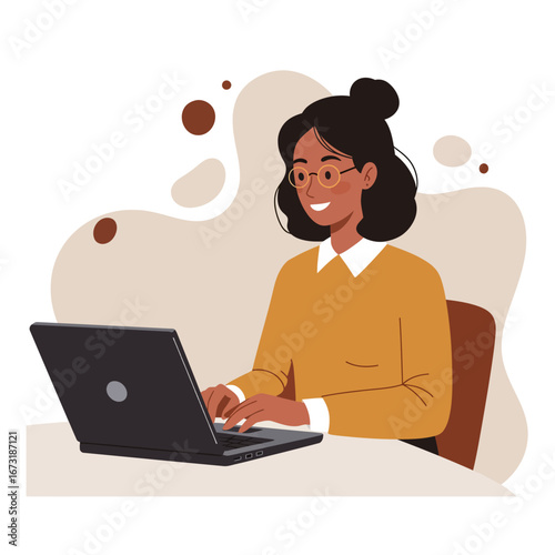 Woman with glasses working on laptop, smiling and focused.