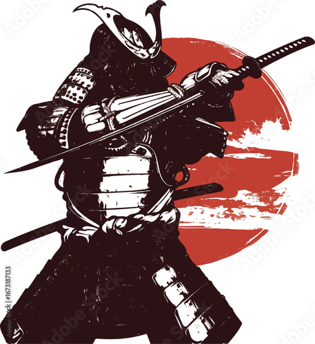 Warrior's Resolve: A formidable samurai, clad in meticulously crafted armor, stands poised, a symbol of strength and honor against a backdrop of the iconic rising sun.