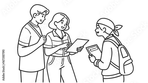 Three people discussing documents or conducting a survey. Line art illustration of communication and interaction.