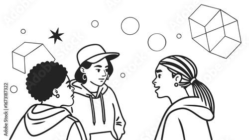 Diverse Young People Conversing with Abstract Geometric Shapes in Line Art Illustration