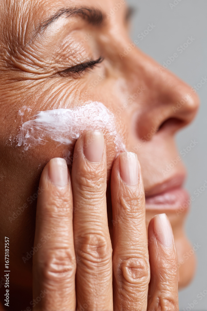 Fototapeta premium Close-up of female hands applying moisturizer to facial skin, daily beauty routine and natural self-care