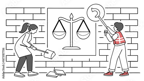 Justice System Reform: People repairing scales of justice on brick wall. Law, equality, and social change concept.