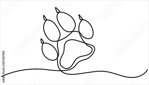 Continuous one line drawing of a animal paw pad, Dog paw one line art, Continuous one line drawing of cat or dog footprint minimal outline vector illustration

