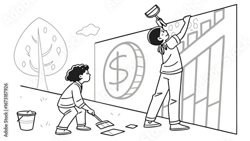 Youth Decorating Wall with Dollar Sign & Numbers: Financial Education & Planning Concept