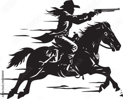 Wild West Silhouette: A striking monochrome silhouette captures the essence of the Wild West, showcasing a dynamic cowgirl on horseback, brandishing a pistol with unwavering determination.
