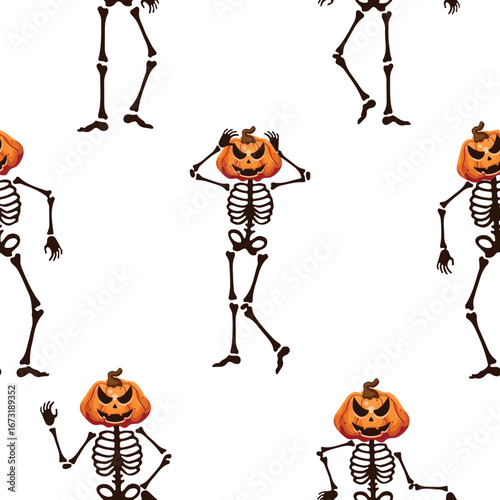 pattern of skeletons made of bones with Halloween spooky pumpkins instead of heads in different poses, decor for Halloween