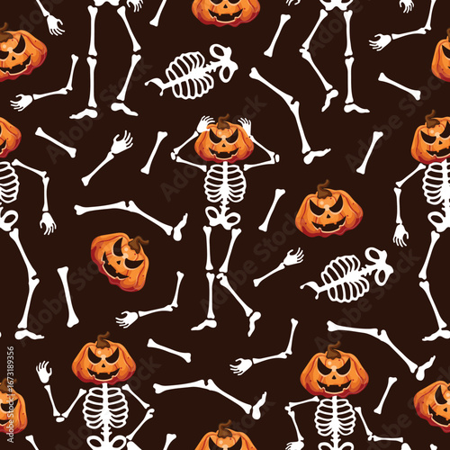 seamless pattern of skeletons made of bones with Halloween spooky pumpkins instead of heads in different poses on a brown background, decor for the Halloween holiday