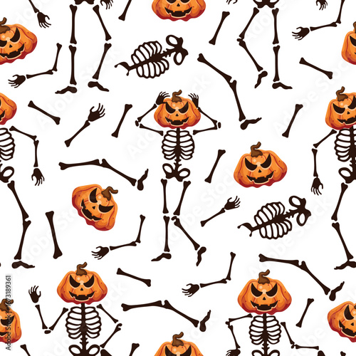 seamless pattern of skeletons made of bones with Halloween spooky pumpkins instead of heads in different poses, decor for the Halloween holiday