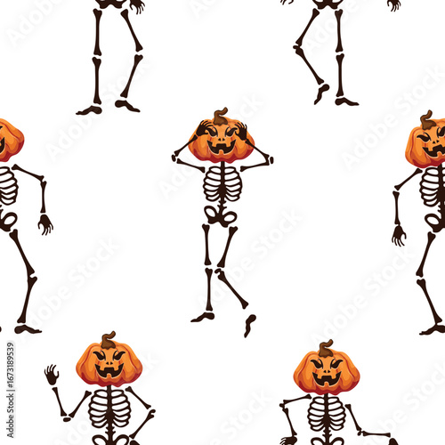 pattern of skeletons in different poses and Halloween pumpkins instead of heads that smile eerily, Halloween decor