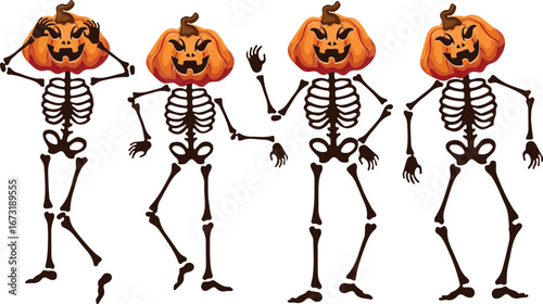 set of skeletons in different poses and Halloween pumpkins instead of heads that smile eerily, Halloween decor