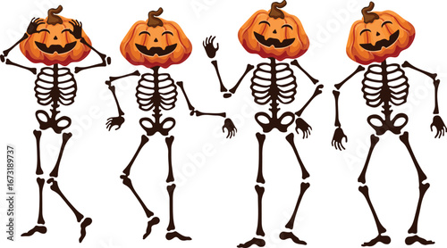 set of dancing skeletons made of bones with Halloween smiling pumpkins instead of heads in different poses, decor for the Halloween holiday