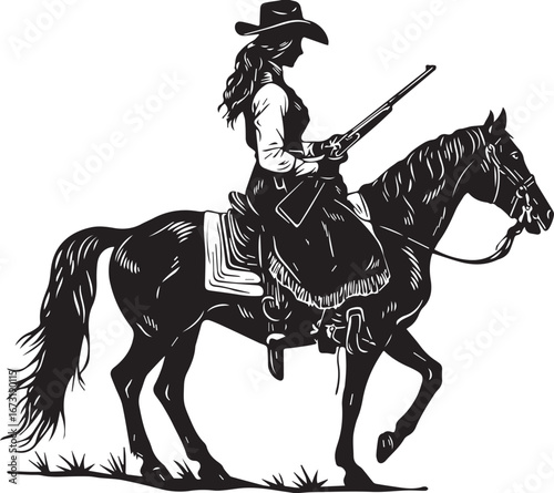 Cowgirl on Horseback Silhouette: A silhouette of a cowgirl, gracefully astride her horse, holding a rifle, embodies the spirit of the wild west and the freedom of the open range.
