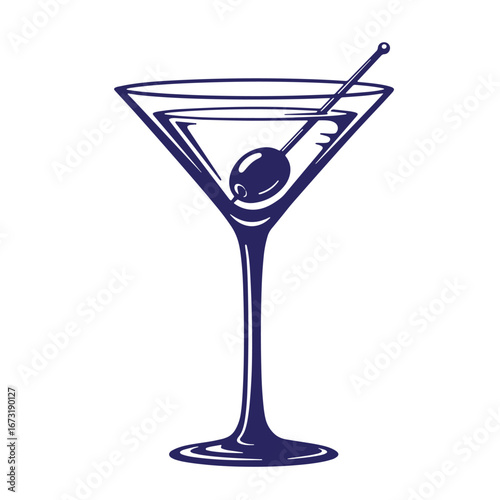 Elegant cocktail martini illustration with olive in a classic martini glass on white background