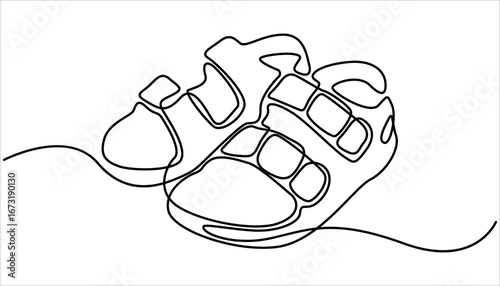 One continuous single drawing line art flat doodle shoe, sandal, fashion, style, woman, foot, beauty, elegant. One line drawing Sandals vector. Footwear outline line design. Slippers single line.