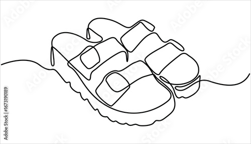 One continuous single drawing line art flat doodle shoe, sandal, fashion, style, woman, foot, beauty, elegant. One line drawing Sandals vector. Footwear outline line design. Slippers single line.