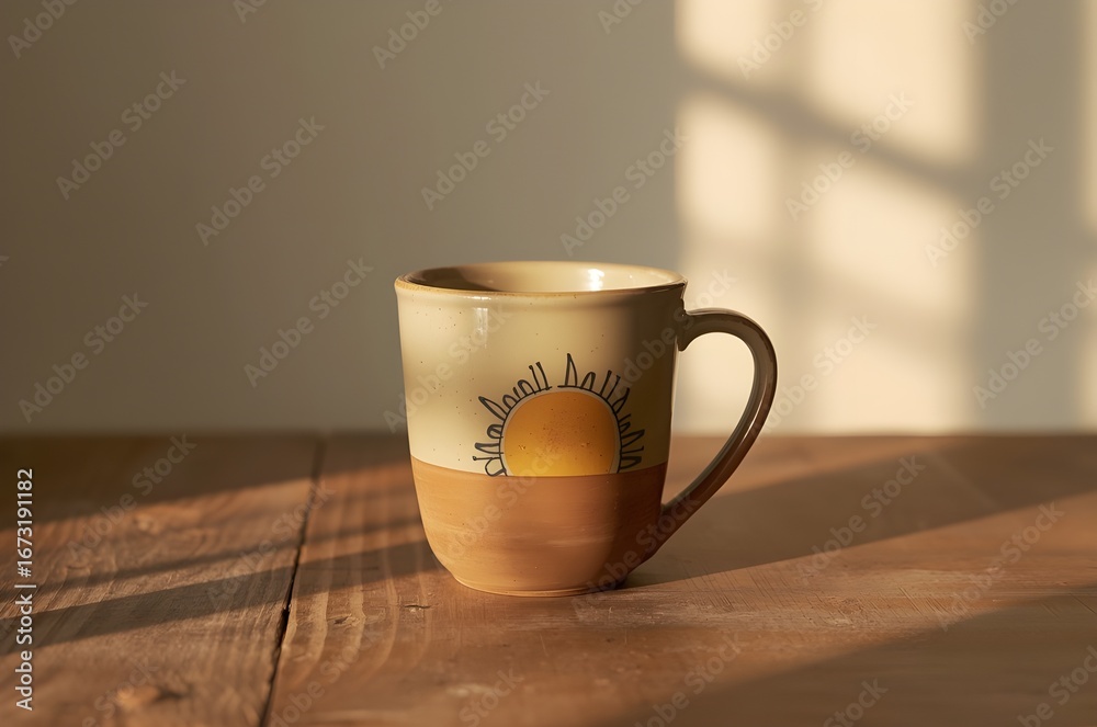 Fototapeta premium Warm morning light illuminates a decorative ceramic mug on a wooden table