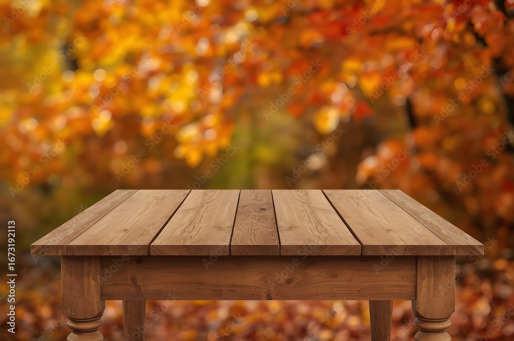 Naklejka premium Empty wooden table in autumn forest with blurred orange leaves background