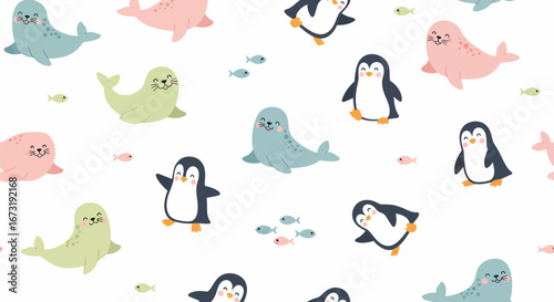 Adorable Cartoon Seals and Penguins in Pastel Colors.