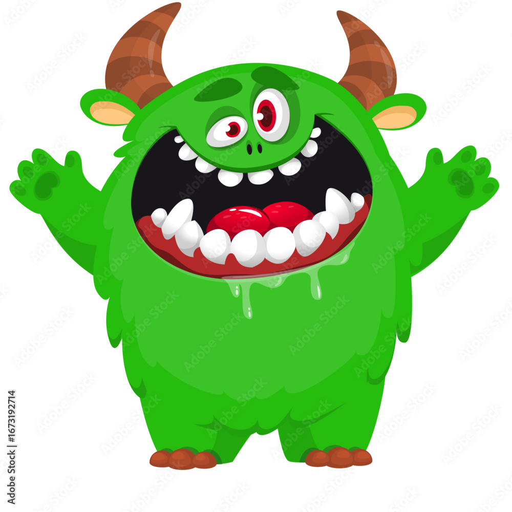 Fototapeta premium Cartoon cute monster with funny face expression waving hands. Halloween vector illustration 