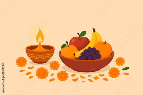 Festive diya with fruits and flowers on table