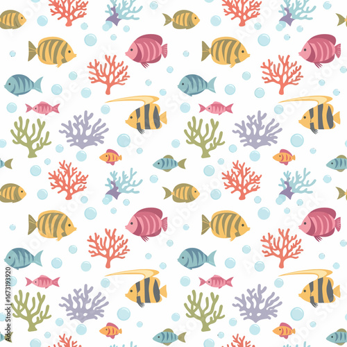 Colorful Fish and Coral Seamless Pattern Tropical Ocean Life Design.