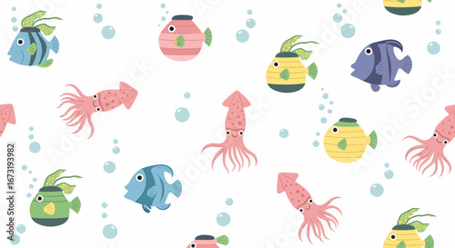 Colorful Underwater Creatures Pattern Design for Kids.