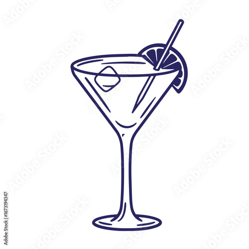 Elegant line art illustration of a classic martini cocktail with a lemon garnish and straw