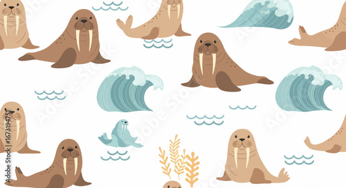 Cute Walrus Pattern with Waves and Seaweed.