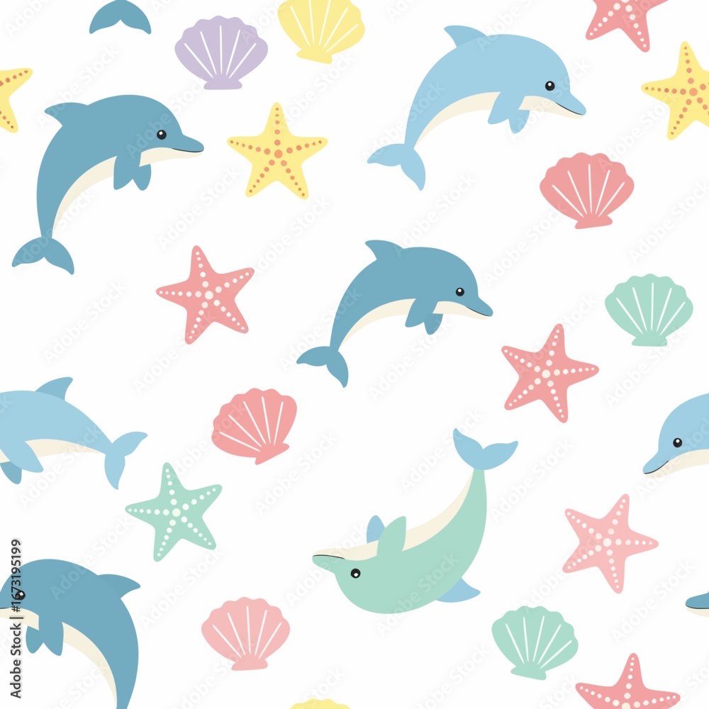 Fototapeta premium Playful Cartoon Dolphins and Seashells Seamless Pattern.