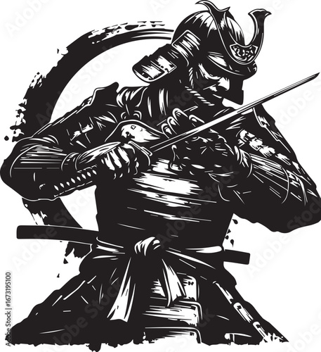 Warrior's Resolve: A stylized illustration showcases a stoic samurai in full battle regalia, poised with his katana, radiating discipline and honor.