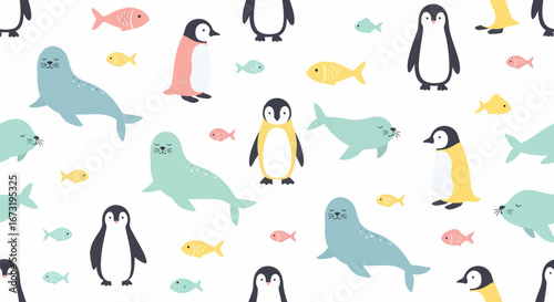 Playful Cartoon Penguins Seals and Fish Seamless Pattern on White Background.