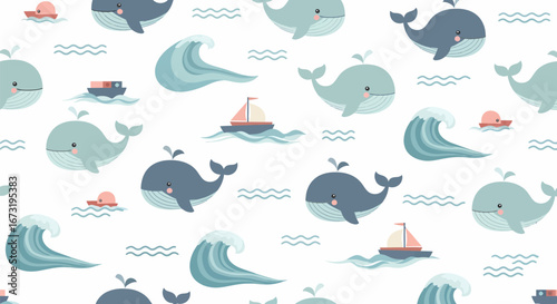 Playful Cartoon Whales and Boats Seamless Pattern.