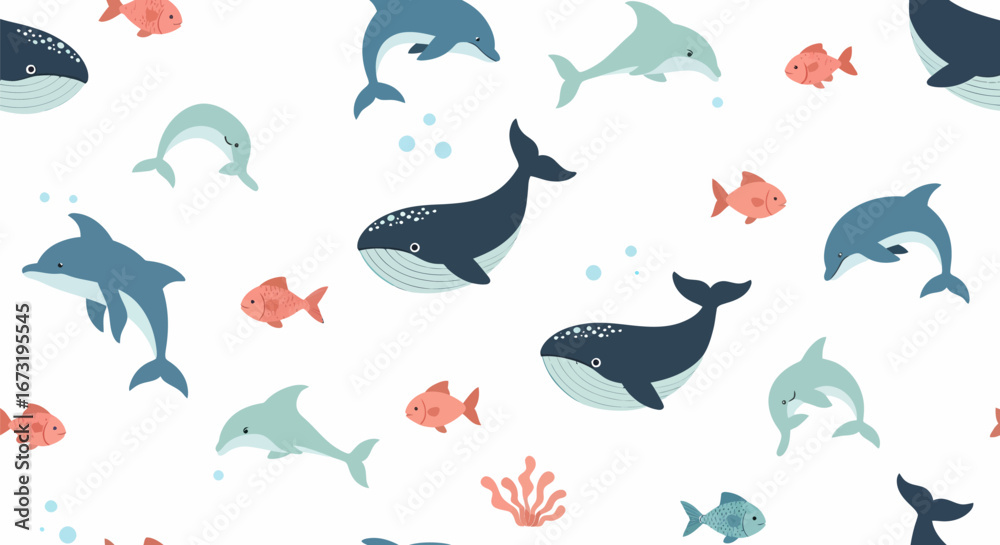 Fototapeta premium Playful Marine Life Pattern Whales Dolphins and Fish in Cartoon Style.