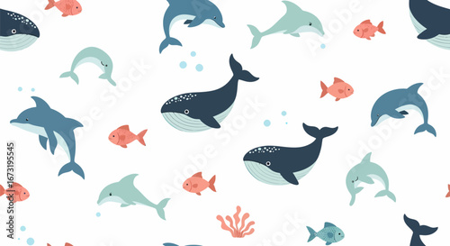 Playful Marine Life Pattern Whales Dolphins and Fish in Cartoon Style.