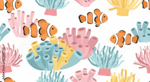 Playful Orange and White Clownfish Swimming Among Colorful Coral Reefs.