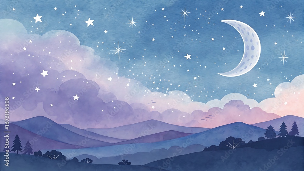 Obraz premium Watercolor painting of a night sky with moon, stars, clouds, and mountains creating a dreamy and serene landscape