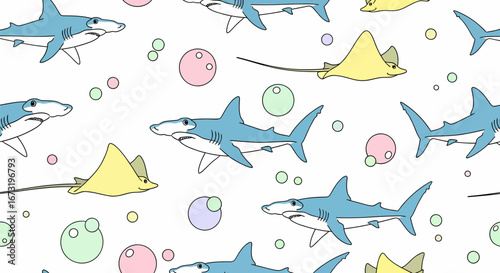 Whimsical Cartoon Pattern Featuring Blue Sharks and Yellow Stingrays with Bubbles.
