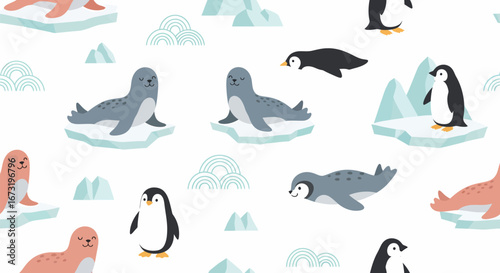 Whimsical Cartoon Pattern of Seals and Penguins on Ice Floes Seamless Design.