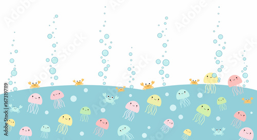 Whimsical Underwater Scene with Cute Cartoon Jellyfish and Crabs.