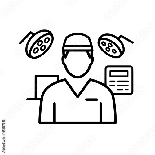 Surgeon character with medical equipment background
