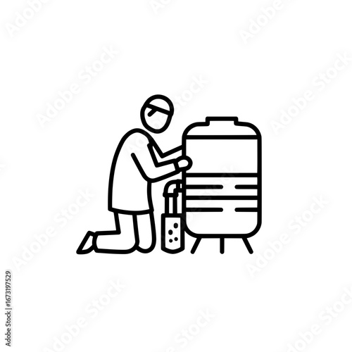 Person kneeling beside a brewing tank with transparent background