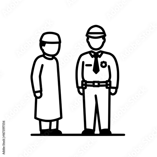 Man in uniform standing beside woman in traditional attire