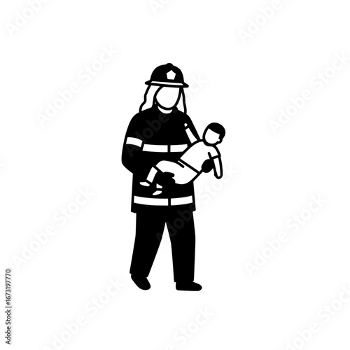 Firefighter carrying child in emergency situation with transparent background