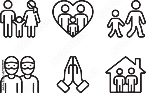 Family and community icons with people, heart, house and praying hands couple