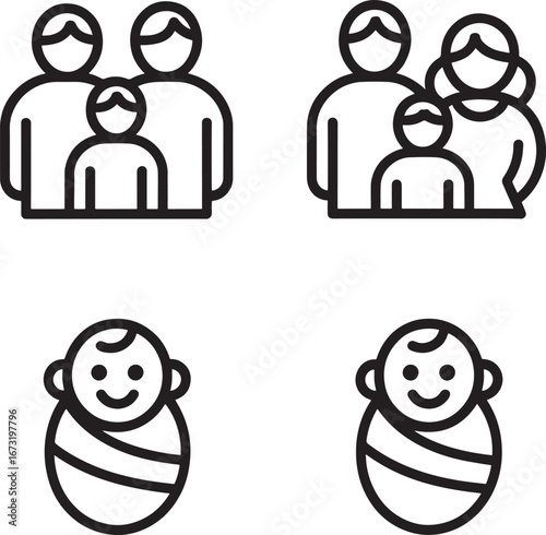 Family icons showing parents with child and baby figures on white background people