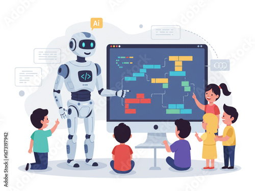 AI Robot Teaching Coding to Kids Vector Illustration - Use Artificial Intelligence Generative Tools For Education Concept 